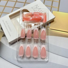 White French Press on Nails Medium Length Ballet Shaped False Nails Artificial Acrylic Nails Glitter Powder Design French Fake Nails Full Cover Glossy Reusable Coffin Nails Glue on Nails for Women