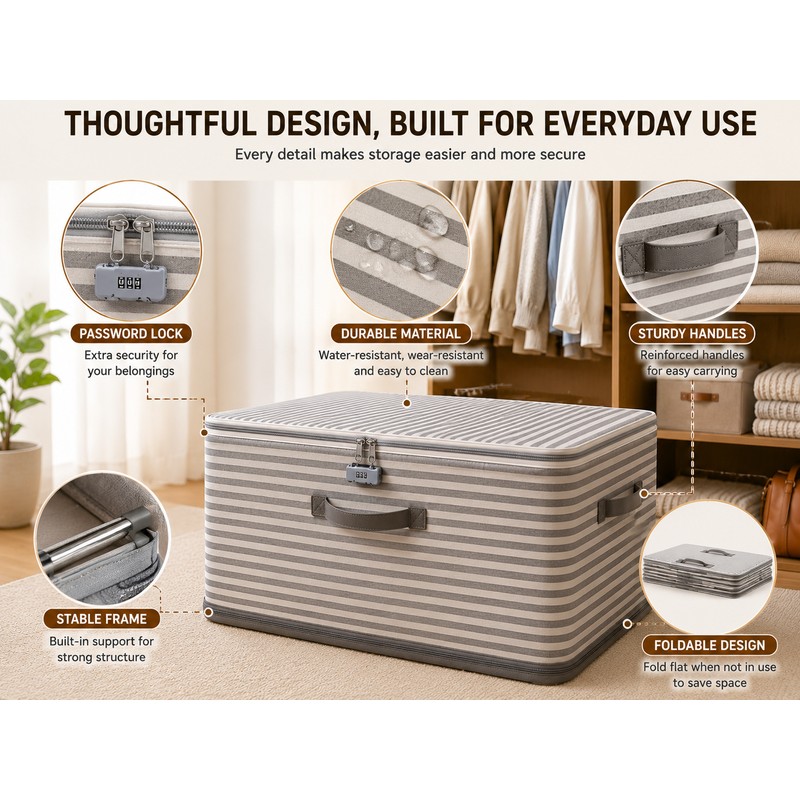 Foldable Storage Box with Lid - Durable Beige Checkered Organizer