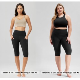 ODODOS Women's Knee Length High Waisted Yoga Capri Leggings with Pockets, Workout Running Sports Athletic Yoga Capris, Black, XX-Large