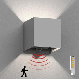 ledscom.de Wandleuchte CUBEL für außen, IP65, Up-/Downlight, Bewegungsmelder, grau matt, quadratisch, 1x G9 max. 10W