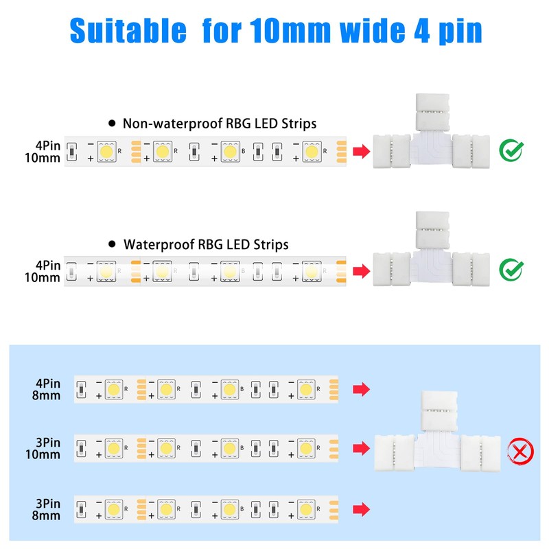 10Pack T-Shaped 4-Pin 10mm LED Strip Lights Connectors - Solderless,