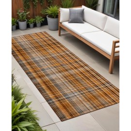 Homeroots 2' X 8' Orange Brown and Gray Plaid Washable Non Skid Indoor Outdoor Area Rug