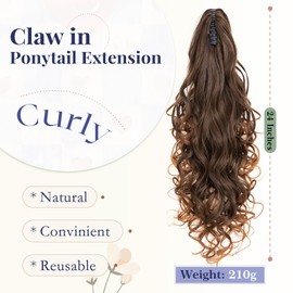 TESS 24'' Curly Ponytail Extensions, 210g Claw in Long Ponytail Extension, Hair Pieces for Women, Auburn to Light Auburn