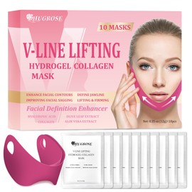 HUGROSE Double Chin Mask, V-LINE Lifting Mask, V Shape Face Tape Chin and Neck Mask for Skin Firming, Toning Hydrogel Collagen Face Mask with Hyaluronic Acid & Aloe Vera(10PCS)