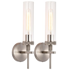 Brushed Nickel Bathroom Vanity Light, Wall Sconces Set of 2 with Knurled Texture, Chrome Silver Wall Lamps with Clear Glass Shade, Modern Industrial Bathroom Lighting Fixtures Over Mirror