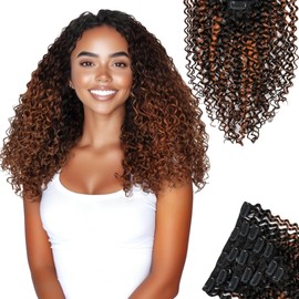 SIYUSI Kinky Curly Clip In Extensions, 3C 4A 100% Brazilian Remy Human Hair Clip Ins, Invisible & Scalp-Friendly, Light Auburn Ombre, 3.52oz, 7Pcs (12 Inch)