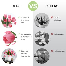 Rosscer Pink Artificial Tulips, 2 Bundles 14Pcs, Fake Tulips Artificial Flowers, 2 x 2.4 Inch Large Flower Head Big Tulip, Easter Valentine's Day Mother's Day Home Decoration Flowers