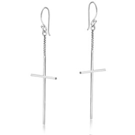 AeraVida Classic Skinny Christian Cross Lightweight .925 Sterling Silver Dangle Earrings, 17x36mm
