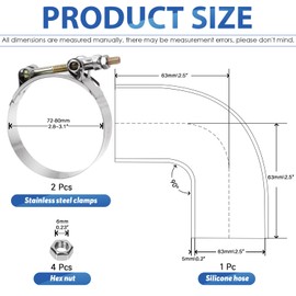 Glarks 7pcs 90 Degree Elbow Coupler Silicone Hose Set Includes 1pcs ID 2.5in 4-Ply High Performance Coupler Silicone Hose 2pcs 2.8-3.1in T-Bolt Clamp 4pcs M6 Hex Nut