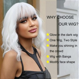 Ms Aloe White Wigs for Black Women Glow in the Dark Bob Wig with Bangs Short Wavy Glueless Wig Natural Looking Short Curly Synthetic Hair for Cosplay Party Costume Wigs 12inch