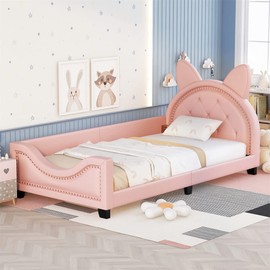 TRIPLE TREE Twin Daybed Frame with Cat Ears Shaped Headboard for Girls Boys, Pink Twin Bed Frame with Wood Slats Support, PU Leather Upholstered Daybed Frame for Bedrooms