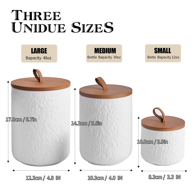 JOJUNO White Ceramic Canister Set with Wooden Lid, 3-Piece Airtight