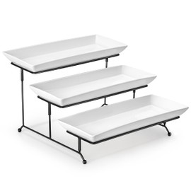 MALACASA 3 Tier Serving Trays for Party, Porcelain Serving Platters and Trays, 14 Inch Tiered Tray Stand, Fruit Tray, Trays for Serving Food, White Dessert Stand with Collapsible Sturdier Metal Rack