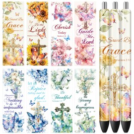 Wxiben Bible UVDTF Pen Wraps - 40 Sheets Christian UV DTF Decals, Flower Religious Cross Butterfly Rub on Transfer Stickers for Women, Waterproof DIY Blank Pens Crafts