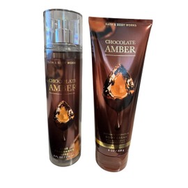 Bath and Body Fine Chocolate Amber Limited Edition Gift Set Bundle 8oz Fragrance Mist & Body Cream