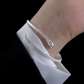 Long tiantian Snake Bracelet Sterling Silver Open Bangle Serpent Bracelet Vintage Silver Bracelet for Women Girls (silver)