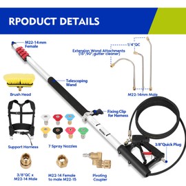 24FT Telescoping Pressure Washer Wand, Power Extension Sprayer with 7 Spray Nozzles and Brush Head,Extension Wand Gutter Cleaner Attachment with 2 3/8" Hose Inlet Adapters, Support Harness