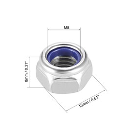 uxcell Hex Lock Nuts - M8 x 1.25mm Stainless Steel Nylon Insert Self-Locking Nuts for Fasteners, 5Pcs Silver Tone