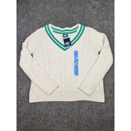 Lands' End Lands End Tennis Cable Knit Drifter Sweater Women Large Preppy Vneck White Green