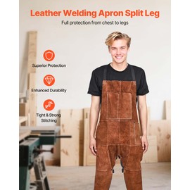 VEVOR Leather Welding Apron Split Leg, Heavy Duty Cowhide Flame Resistant Welding Pants for Men Women, Heat-Resistant Safety Apron with 3 Pockets for Woodworking, Gardening, Blacksmithing, L-Size
