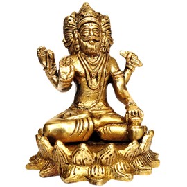 Purpledip Brass Idol Brahma Four Heads (Thai Phra Phrom) Sitting in Padamasana on Lotus: Rare Collection Statue (12045)