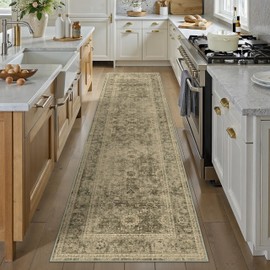 WondRg 3x8 Washable Brown Vintage Runner Rug for Kitchen Hallway Non-Slip Low Pile Distressed Rustic Carpet Lightweight Vacuumable Soft Long Throw Rug for Indoor Entryway Bedroom