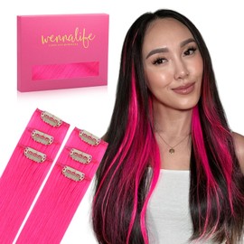 WENNALIFE Hot Pink Clip-In Human Hair Extensions, 50 cm, 6 Pieces, 30 g, Remy Clip-In Hair Extensions, Natural Real Hair