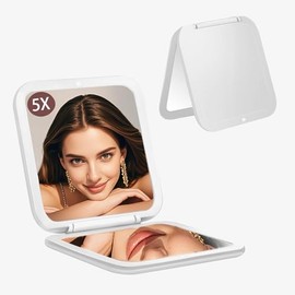 CYHTSHFZ Small Compact Mirror for Purse,5X/1X Travel Magnifying Mirror for Women, Makeup Mirror for Girls, Portable Ultra Slim Pocket Mirror（White）