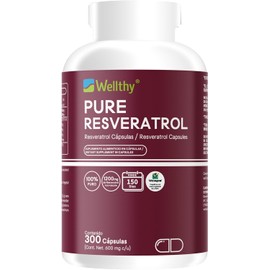 Wellthy Pure Resveratrol 300 Cápsulas. 1200mg por Porción, 150 Porciones por Envase, VCaps Cápsulas Veganas.