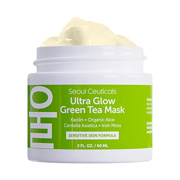SeoulCeuticals Korean Skin Care Face Mask for Sensitive Skin - Korean Skincare Green Tea Wash Off Masks - K Beauty Face Masks - Aloe Vera Mask + Centella Asiatica Hydrating Facial Spa Mask 2oz