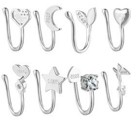 JDXN 925 Sterling Silver Cubic Zirconia Fake Nose Ring 8PCS Clip Earrings Nose Cuffs Faux Clip on Nose Ring for Non Pierced Nose For Women Men, N A, Cubic Zirconia
