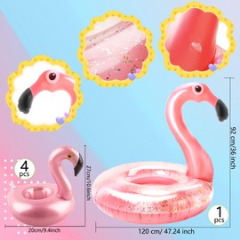 48 Inch Inflatable Flamingo Pool Float with 4 Pcs Flamingo Cup Holders Translucent Glitter Blow up Flamingo Swim Ring for Adult Kids Summer Hawaii Party Decor Pool Supplies