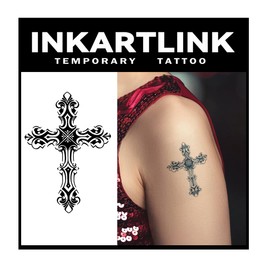 INKARTLINK Tattoo Tech, 3 Sheets Small Semi Permanent Tattoo, Adult Art Design Temporary Tattoos, Lasts 1-2 Weeks, Waterproof, Realistic Look, No Adhesive, No Reflection (Actually, a Cross)
