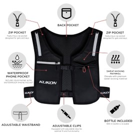 KUKON LED Running Vest - Adjustable Reflective Unisex Vest with water bottle and Phone Holder Lightweight and Durable Running Backpack Alternative - Hydration Running Vest