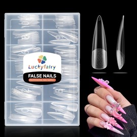 Luckyfairy XXL Stiletto Nail Tips 120 Pcs Full Cover Pre-buff Stiletto Gel X Press On Nails Stiletto Flat Tips for Acrylic Nails Professional for Nail Art Salon Home Nail Extensions 12 Sizes