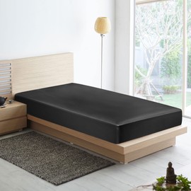 PiccoCasa Fitted Sheet Satin Bed Sheet 100 x 200 cm Fitted Sheet up to 35 cm Topper Height with Elastic Band Black 100 x 200 x 35 cm