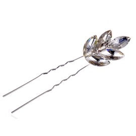 Silver Metal Tone Crystal Rhinestone Embedded Leaf Pattern Fashion Hair Pin