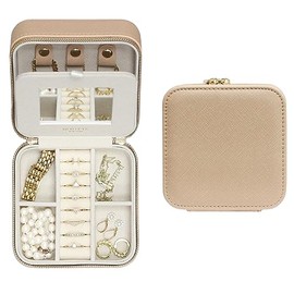 BLUTETE Saffiano Leather Travel Jewelry Box with Mirror | Portable Jewelry Zipper Case | Multi Compartments Jewelry Organizer for Women | Popular Gift Jewelry Box Rings Earrings Nacklaces (Sand)