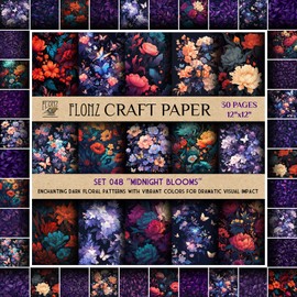 Scrapbook Paper (30 pages 12"x12") Midnight Blooms: Enchanting Dark Floral Patterns with Vibrant Colors for Dramatic Visual Impact FLONZ Vintage Styled Double Sided Paper Pad for Craft Cardmaking