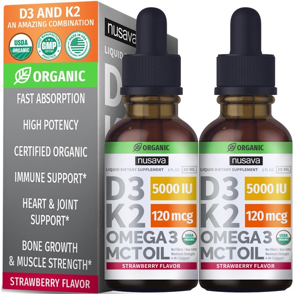 (2 Pack) Organic Vitamin D3 K2 Drops w MCT Oil Omega 3, Maximum Strength, 5000 IU, No Fillers, Non-GMO Liquid D3 for Faster Absorption, Immune Support (Strawberry, 2 Fl Oz)
