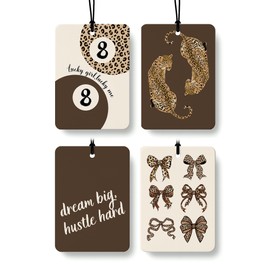 FISWAFY Coquette Brown Bow Leopard Print Car Air Freshener 4 Pcs, Girly Cheetah Lucky 8 Ball Hanging Air Freshener for Cars Closet Drawer Books, Coquette Leopard Car Accessories Mirror Decor for Women