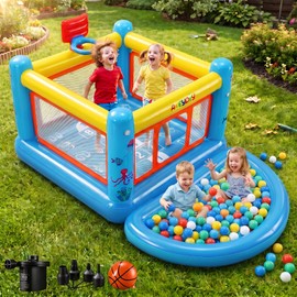 AKEYDIY Bounce House for Kids 3-6, Small Inflatable Bounce House PVC with Basketball Hoop & Hopscotch Game for Indoor/Outdoor Play (Small Bounce House with Ball Pit)