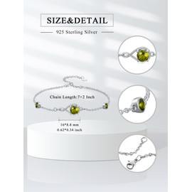 Seiyang Infinity Birthstone Link Bracelet for Women 925 Sterling Silver Adjustable Infinity August Peridot Bracelet Anniversary Birthday Jewelry Gift,Chain Length 7"+2" Extend