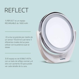 Howlite Reflect, Espejo LED recargable para maquillaje 5X con doble vista, 1800 mAh con botón TOUCH