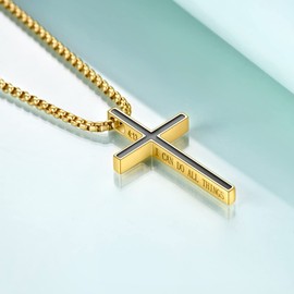 Rnivida Gold Plated Philippians 4:13 Cross Pendant Necklace for Men Baptism Confirmation Gifts,I CAN DO ALL THINGS Bible Verse Stainless Steel Necklace With 24'' Chain