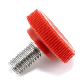 #10-32 x 3/8" Thumb Screw Stainless Steel - Red Knurled Round Plastic Knob - Fine Thread Thumbscrew - Length: 0.375" - Proudly Built in USA (Package of 25)