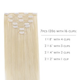Wennalife Clip-In Human Hair Extensions, 35 cm (14 inches), 120 g, 7 Pieces, Platinum Blonde Hair Extensions, Clip-In Real Hair, Remy Hair Extensions, Natural Real Hair Extensions