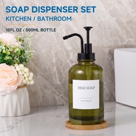 Glass Soap Dispenser with Upgrade Pump, Hand and Dish Soap Dispenser for Bathroom Kitchen, Soap Dispenser Set with 9 Stickers Funnel Bamboo Tray 500ml 18oz Green