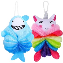 Healvian 2pcs Boy Girl Bath Shower Loofahs Cartoon Shark Body Wash Sponges for Fun Exfoliating Lightweight Portable Bathing Supplies for Use