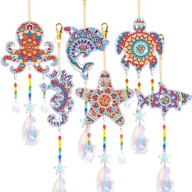 YUNVI 6 Pcs Diamonds Paintings Suncatcher,Ocean Themed Decorations,3D Diamonds Paintings Wind Chimes,Diamonds Art Kits Hanging Ornaments for Adults Home Garden